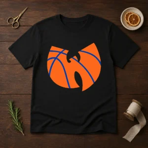 Premium Wu Tang Clan X New York Knicks Logo t shirt in black, featuring bold graphic print on front, classic crew neck tee