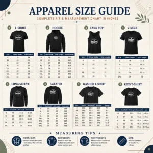 Size chart for Original Property Of Misery Worldwide with measurements in inches and cm