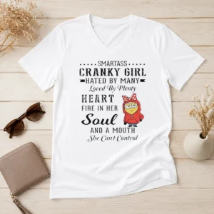 Good Minions Smartass Cranky Girl Hated By Many Loved By Plenty Heart Fire In Her Soul And A Mo V Neck Shirt in black with bold typography