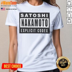 Official Satoshi Nakamoto Explicit Codex Bitcoin Cryptocurrency White ladies tee featuring unique cryptocurrency graphics.