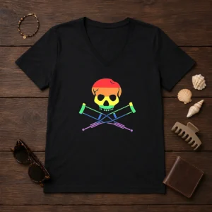 Original Rainbow Skull And Crutches Pride Symbol Disability Awareness V Neck Shirt in vibrant colors on a comfortable V neck garment