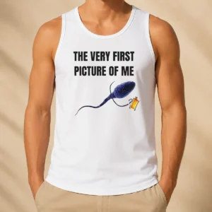 Good The Very First Picture Of Me Sperm With Beer Mug tank top in black, front view with clear graphic print