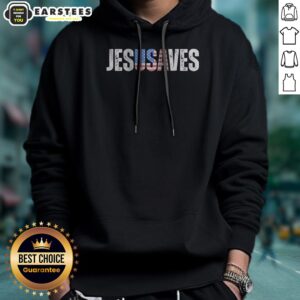 Top Jesusaves Patriotic Christian Pun Bold Text hoodie in navy blue with bold white and red lettering