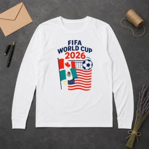 Awesome FIFA World Cup 2026 Canada Mexico United States Soccer long sleeve shirt in white with bold graphic print