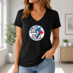 Pretty Tryna Stay Positive Mordecai Regular Show Blue Jays Baseball Logo Parody V Neck Shirt in blue with short sleeves