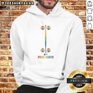 Official MLB Pride Month Baseball Rainbow Bat And Balls Logo Premium Pride Month Hoodie displayed in vibrant colors.