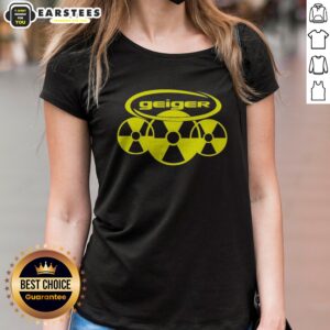 Hot Geiger Radiation Symbol Pop Culture Logo Design Radioactive Nuclear Hazard ladies shirt on a model