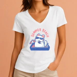 Pretty Summer Beach Cat V-Neck Shirt