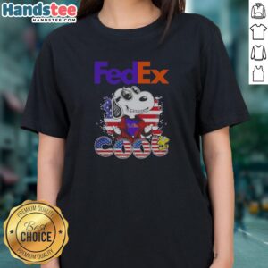 Pretty Snoopy Woodstock Peanuts Fedex Pop Culture Reference American Flag Cool Ladies Shirt mockup featuring vibrant colors.