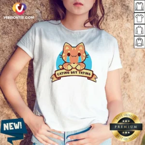 Pretty Crying But Trying Tabby Cat Kitten Emotional Support Mental Health Awareness V Neck Shirt optimized for v neck fit