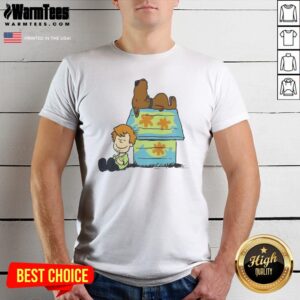 Funny Shaggy Rogers Scooby Doo Peanuts Crossover Mystery Machine Doghouse shirt on a white background, short sleeve cotton tee