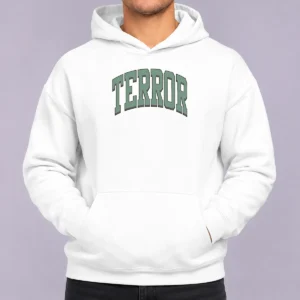 Pretty Terror Still Suffer Basketball Hoodie in black, featuring bold graphic print and comfortable fit