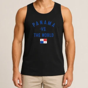 Pretty Panama Vs The World Soccer Flag Tank Top featuring bold soccer-themed graphic on sleeveless cotton fabric