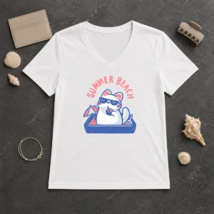 Top Summer Beach Cat V-Neck Shirt