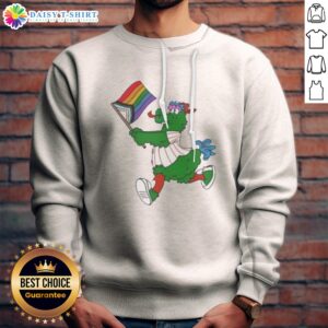 Top Philadelphia Phillies Pride Mascot Running With Progress Flag Sweatshirt featuring vibrant colors and bold graphics.