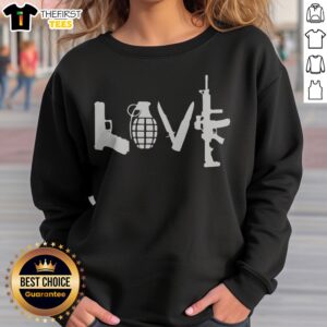 Top Love Weapon Symbol Gun Grenade Knife Tactical Military Arms Force Army Logo Sweatshirt on a neutral background