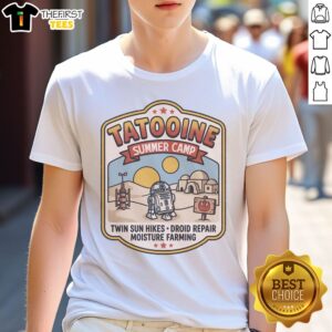 Pretty Tatooine Summer Camp Twin Sun Hikes Droid Repair Moisture Farming Star Wars Shirt displayed on a hanger.