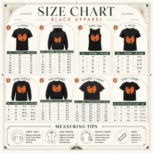 Size chart for Premium Wu Tang Clan X New York Knicks Logo with measurements in inches and cm