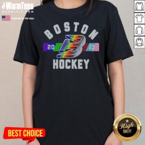 Funny Boston Fleet Hockey Pride Month ladies tee featuring vibrant colors and a playful design.