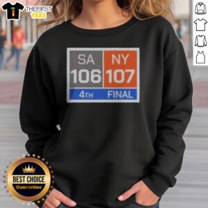 Original New York Knicks Comeback San Antonio Spurs 107 NY 106 Sweatshirt in navy blue with bold white and orange text