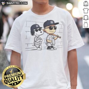 Awesome Snoopy And Charlie Brown Baseball Wearing New York Yankees Jersey Shirt displayed on a plain background