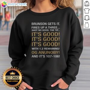 Premium Jalen Brunson OG Anunoby New York Knicks NBA Brunson Gets It Fires Up A Three Sweashirt in navy blue with graphic print
