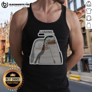 Funny Brain Buffering Slow Loading Penguin Tank Top displayed on a hanger with a vibrant background.