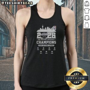 Official 2026 NBA Western Conference Champions San Antonio Spurs City Skyline Tank top featuring vibrant graphics.