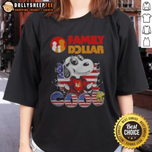 Original Snoopy Woodstock Charles M Schulz Peanuts United States Family Dollar Cool Ladies Shirt displayed on a hanger