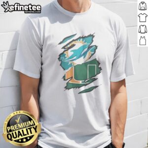 Official Miami Dolphins And Miami Hurricanes Ripped Logo Design Apparel t-shirt featuring vibrant colors and a unique design.