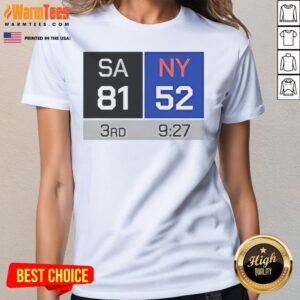 Pretty SA 81 NY 52 Third Quarter Scoreboard San Antonio Spurs Vs New York Knicks ladies tee in white on a female model