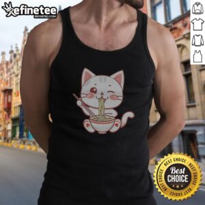 Original Kawaii Ramen Eating Cat Bowl Noodles Japanese Anime Food Lover tank top featuring a cute cat design.
