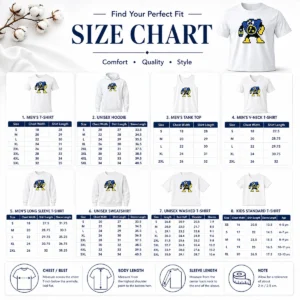 Size chart for Original Blue Robot Pixel Art Mega Man Style with measurements in inches and cm