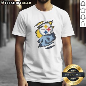 Official Pittsburgh Steelers And UNC Tar Heels Ripped Metal Effect Logo Shirt