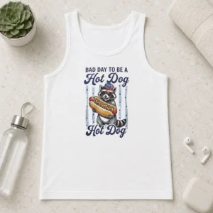 Original Bad Day To Be A Hot Dog tank top in black, sleeveless casual fit with bold graphic print