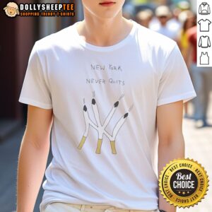 Official New York Never Quits NY Logo Cigarettes Iconic City Shirt displayed on a hanger