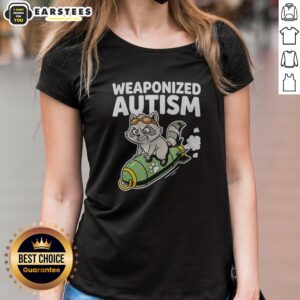 Pretty Weaponized Autism Raccoon Riding Rocket Bomb Funny Parody Humor Casual Cotton ladies shirt displayed on a mannequin.