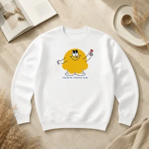 Pretty Movies By Yourself Club Yellow Blob Character Holding A Red Candy Art Sweater