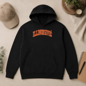 Pretty Illinoisivic Il Balkan Ball Hoodie in black with front graphic print, displayed flat on white background