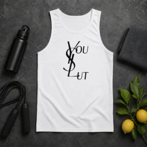 Original Ysl You Slut Parody Tank Top in black, sleeveless casual wear with bold graphic print