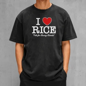 Premium I Love Rice Vote For Benny Barrels washed t shirt showing front design on soft, faded fabric