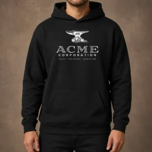 Official ACME Corporation Anvils Explosives Detonators Hoodie in charcoal gray with front logo print