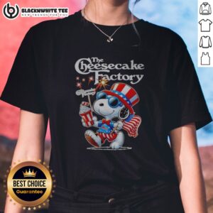 Original Snoopy X The Cheesecake Factory Fourth Of July American 250 Years 1776 2026 Fireworks Ladies Shirt showcasing vibrant colors and festive design.