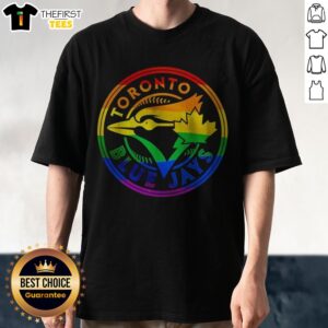 Official Toronto Blue Jays Pride Logo Major League Baseball MLB Logo Shirt displayed on a hanger