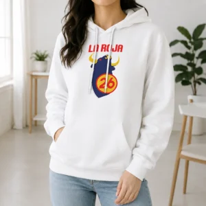 Pretty Spain La Roja World Cup 2026 National Football The Red One Hoodie in red, front view with hood up