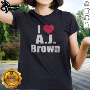 Pretty I Heart AJ Brown Philadelphia Eagles NFL Ladies shirt with vibrant team colors and a trendy design.