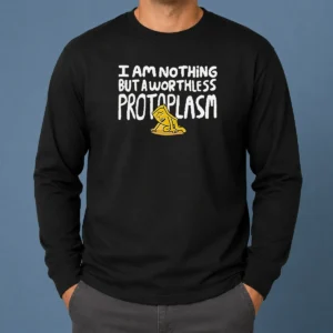 Awesome Negative Man Mother 3 I Am Nothing But A Worthless Protoplasm long sleeve shirt in black with bold graphic print