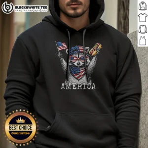 Pretty America Raccoon Hot Dog 4th Of July Patriotic USA Animal 2026 Hoodie in navy blue with front kangaroo pocket