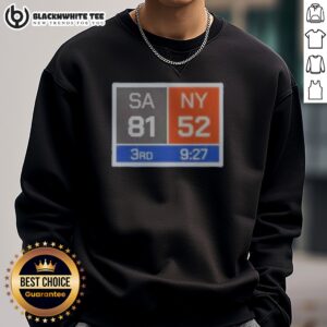 Top New York Knicks Comeback San Antonio Spurs 81 NY 52 Sweashirt front view in blue with bold game score graphic