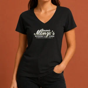 Original Jimmie Monzo'S Restaurant And Lounge Monroeville Pennsylvania V Neck Shirt in black with white logo print